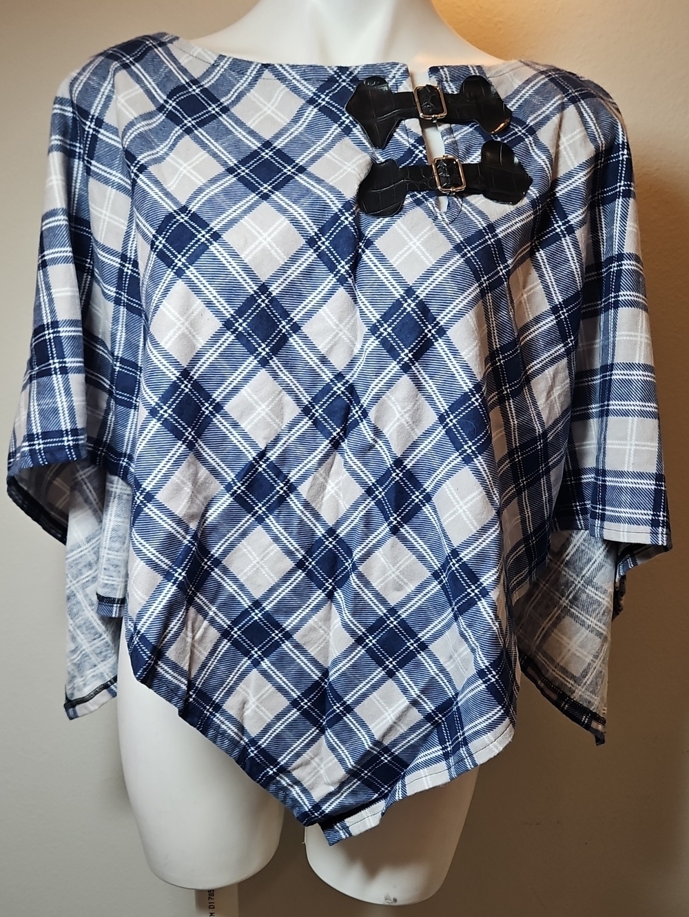 OSFA Flannel Blue Plaid Poncho Top with Buckle Detail